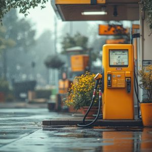 Yellow gas station pumps standing on wet pavement during rainy day