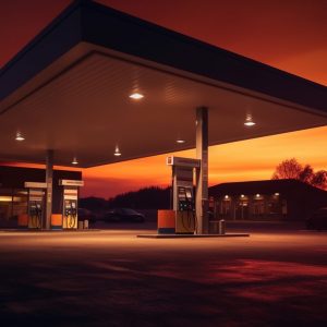 Petrol and Gas station at sunset.